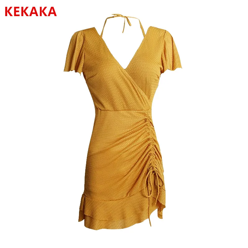 

KEKAKA Korean Yellow Ruffle Short Sleeve One Piece Swimsuit Women 2019 Sexy Deep V Swimdress Monokini Swimwear Bathing Suits
