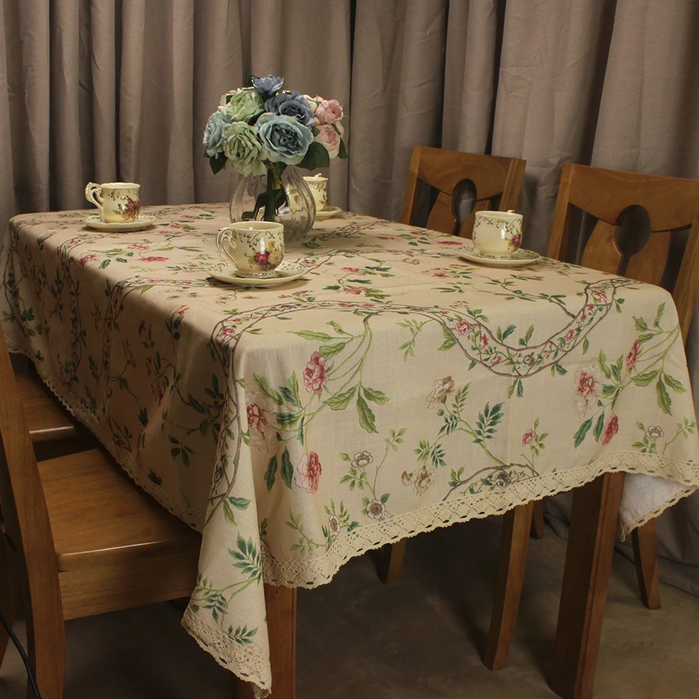 CURCYA Beige Table Cloth Cover Garden Flowers Printed Polyester Cotton