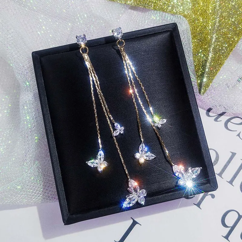 

Shiny Three Butterfly Crystal Dangle Earring For Women Bijoux Long Tassel Chain Drop Earrings Statement Earrings Jewelry Gifts