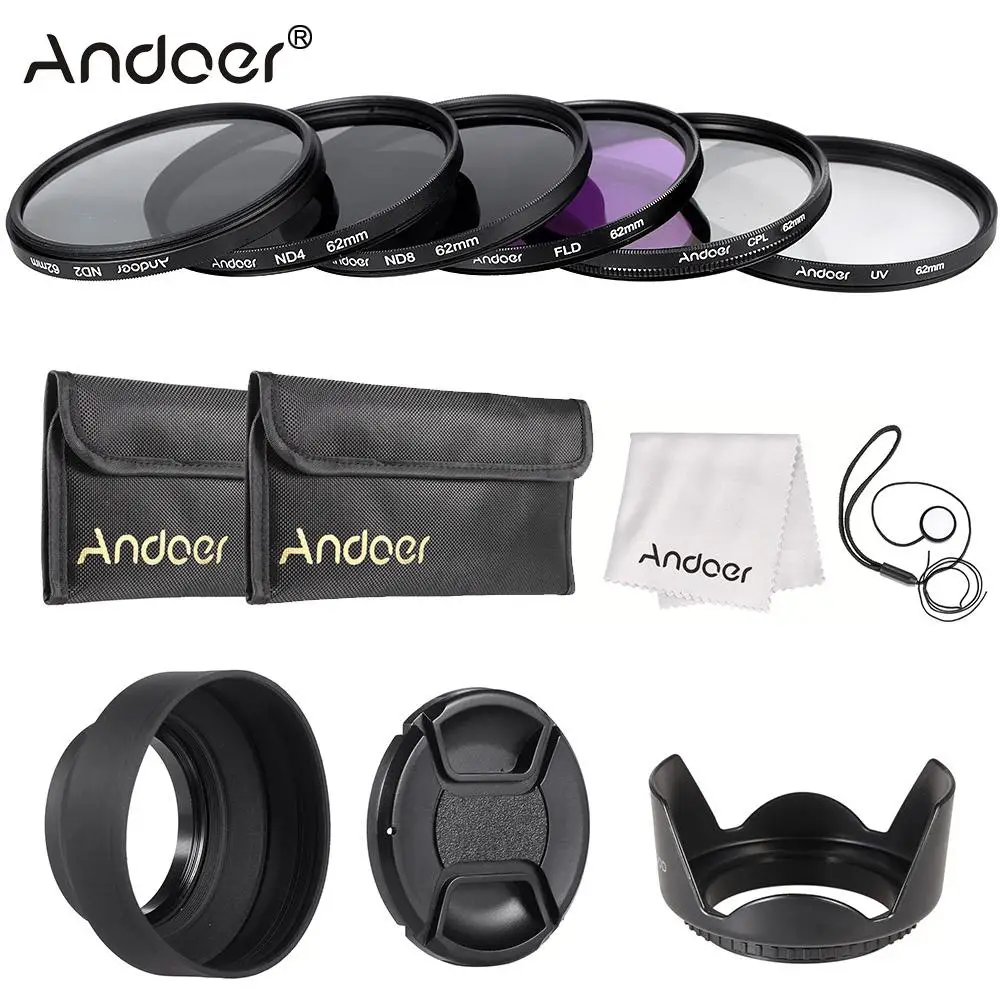 Andoer 62mm Lens Filter Kit UV+CPL+FLD+ND with Carry Pouch / Lens Cap / Lens Holder / Tulip