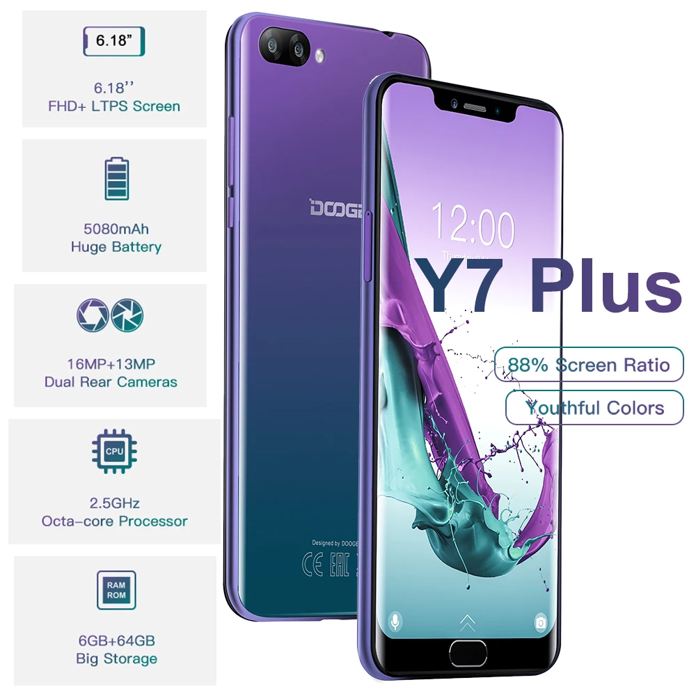 DOOGEE Y7 Plus мобильный телефон 6,18 дюймов 1080*2246 экран MTK6757 Восьмиядерный 2,5 ГГц 6 ГБ ОЗУ 64 Гб ПЗУ 16,0 Мп+ 13,0 МП 5080 мАч Android 8,0
