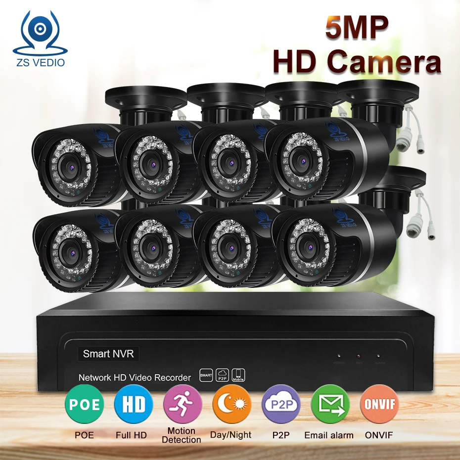 

ZSVEDIO Surveillance System HD Lens CCTV Camera System Outdoor 5MP 8CH POE HDD Detection Video Surveillance IP Bullet Webcam