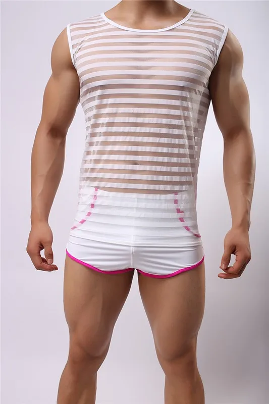 Новый Для мужчин пикантные прозрачные сеточку рубашки сексуальное нижнее белье майки жилет в полоску видеть сквозь топы Ночной клуб