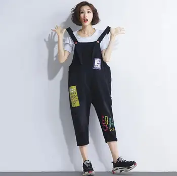 

Autumn new fashion print women plus size loose denim Jumpsuits cooton pockets black casual style female Rompers gx1242