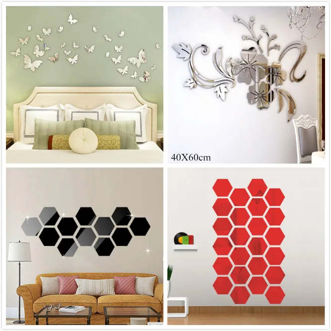 Mirror Wall Stickers Decorative Self Adhesive Furniture Films Square Flower Butterfly High Quality Mirror Foil Wall Stickers