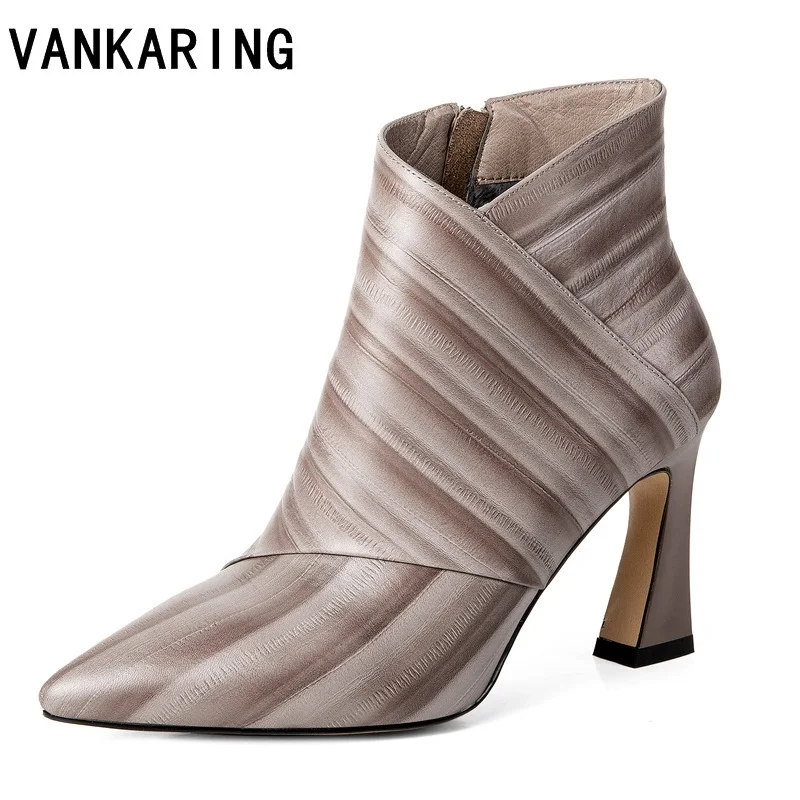 

VANKARING fashion women ankle boots warm short plush high heels brand martin shoes woman party pumps basic genuine leather boots