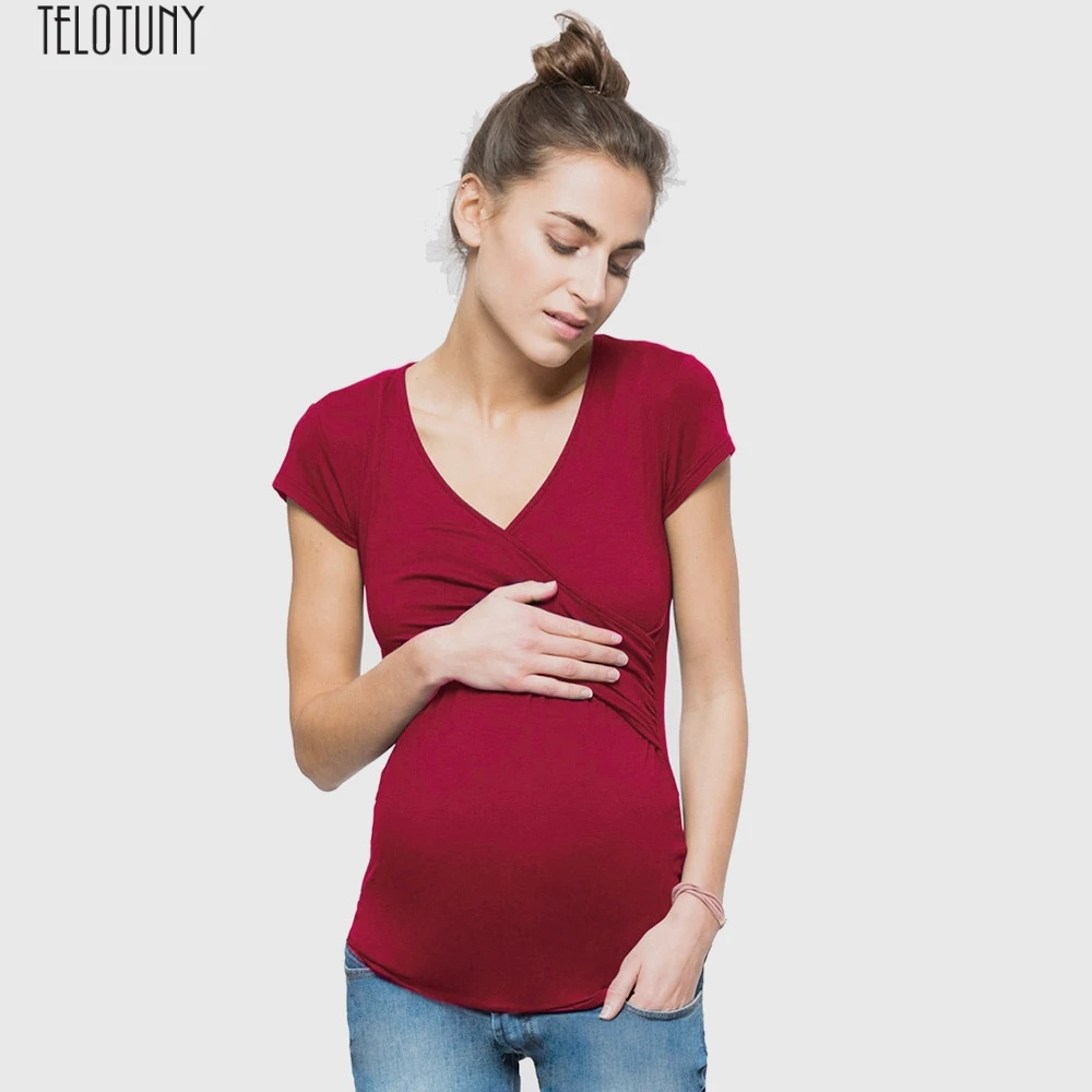 TELOTUNY Women Maternity Solid sexy v-neck short sleeve tops Pregnant Nursing soft Multifunctionl Blouse T-Shirt x0510