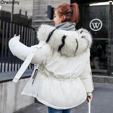 Orwindny Winter Coat Women Large Fur Collar Winter Parkas Female Slim Fashion Short Cotton Padded Jacket Hooded Wadded Coat