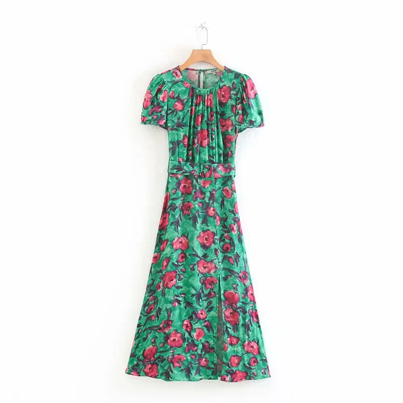 Женское винтажное платье с цветочным принтом и разрезом, повседневное тонкое длинное женское платье с О-образным вырезом, пышным рукавом, поясом, шикарные макси платья DS2661
