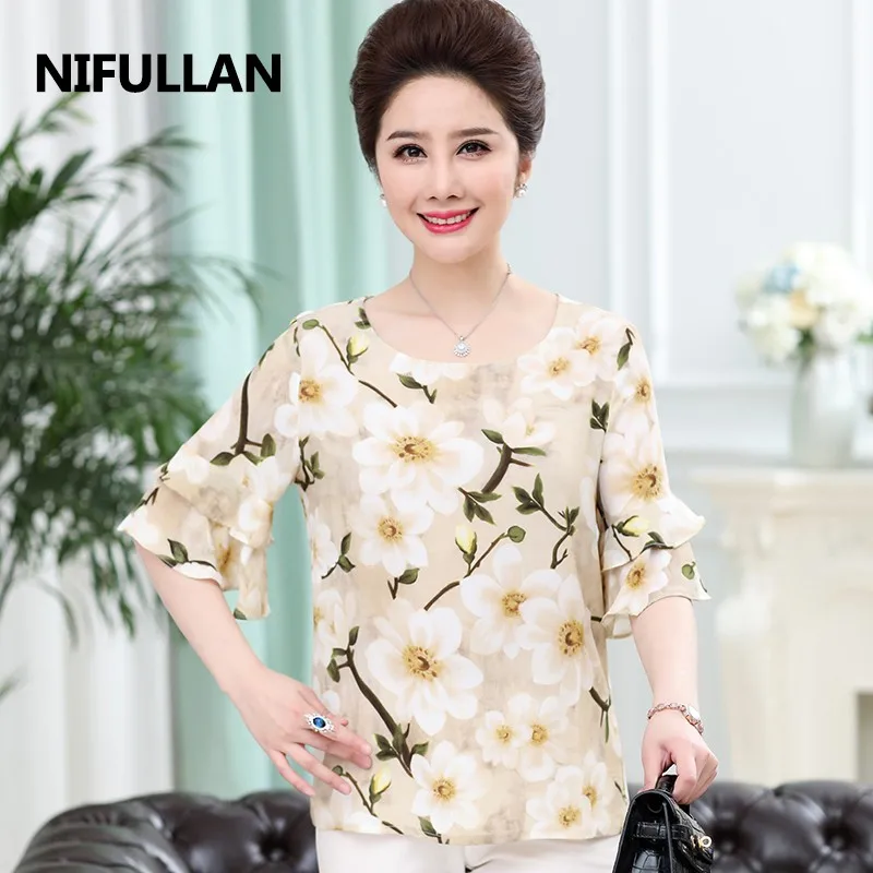 

NIFULLAN Women Sweet Flare Sleeve Floral Print Shirt Vintage O-neck Loose Blouses Female Casual Retro Tops Blusas Plus Size