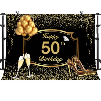 

MTMETY Happy 50th Birthday Backdrop Fantasy Golden Balloon Ribbon Champagne Sweet Birthday Party Photo Studio Background