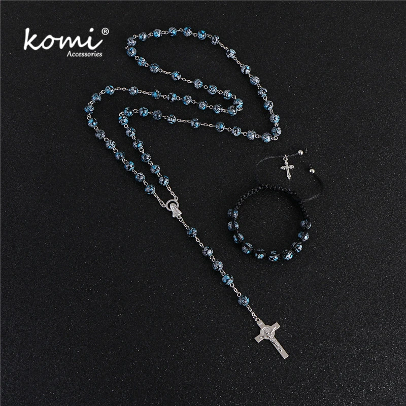 

KOMi Fashion 8mm Stone Bead Cross Pendant Necklace Bracelet Set Hand Knitted Catholicism Rosary Vintage Jewelry R-134