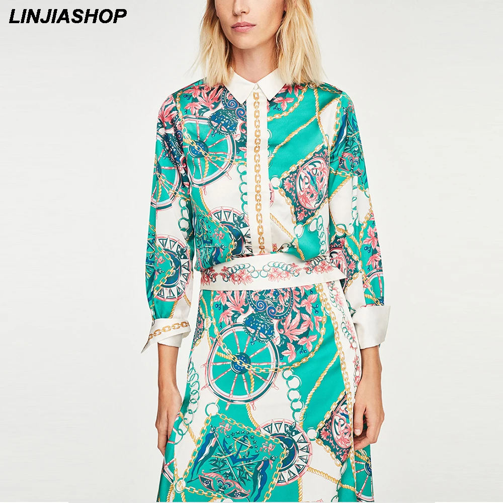 

Bohemian Green Two Piece Set Print Hidden Breasted Calf-Length Bottom Summer Skirt Top Women Casual Suit Set