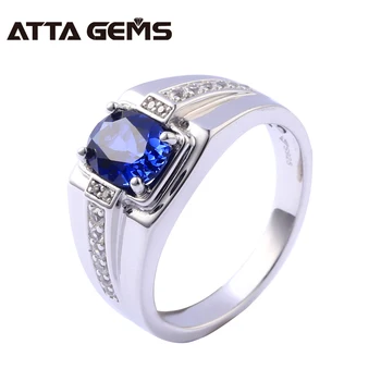 

Blue Sapphire Sterling Silver Rings Unisex Design 1.2 Carats Created Sapphire Men Business Style Fashion Top Quality Jewelrys