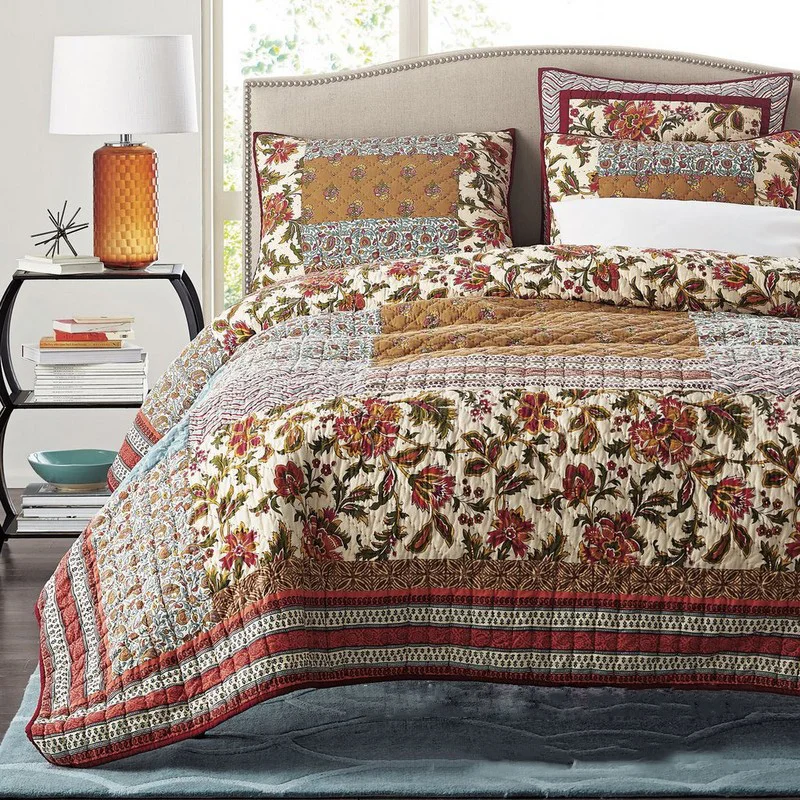 

CHAUSUB Vintage Handmade Patchwork Quilt Set 3PC Coverlet Set Washed Cotton Quilted Bedspread Floral Blanket Quilts King Size