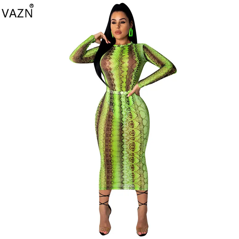 

VAZN Top Quality Novelty Design 2019 Women Dress Print 3 Color Bodycon Dress O-Neck Full Sleevel Hollow Out Midi Dress ALS88