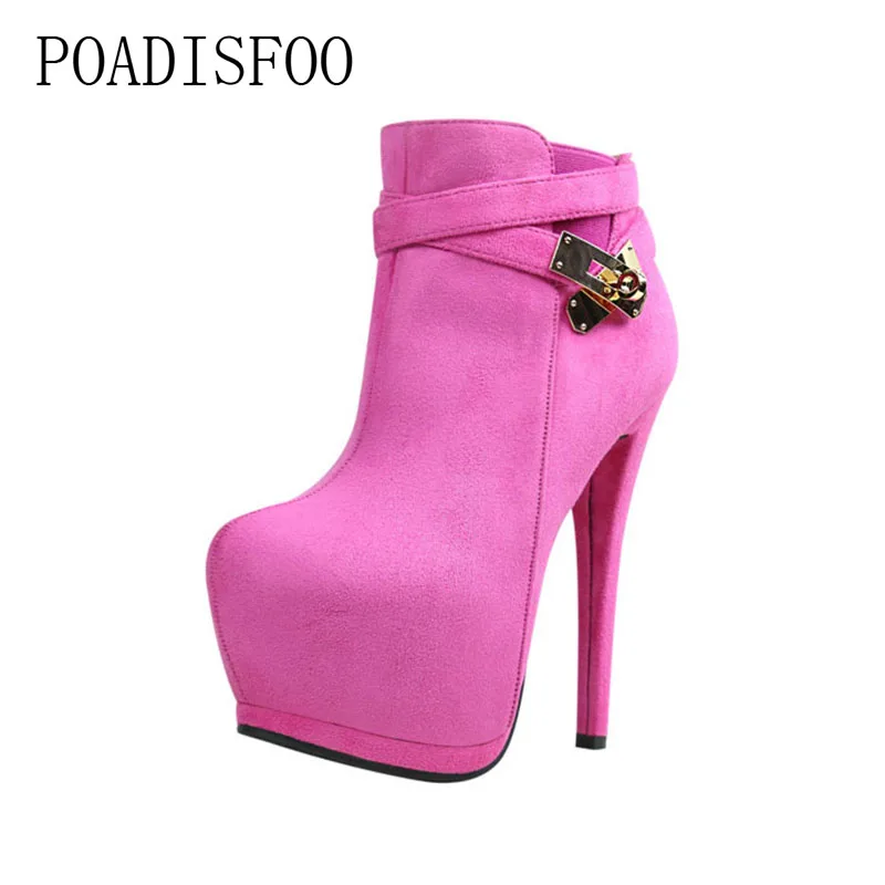 

POADISFOO Women's Super high heels 14 Angle Boots pumps Rivets platform Boots Zip Flock Women 14cm thin heel ankleboots ZWM-2230