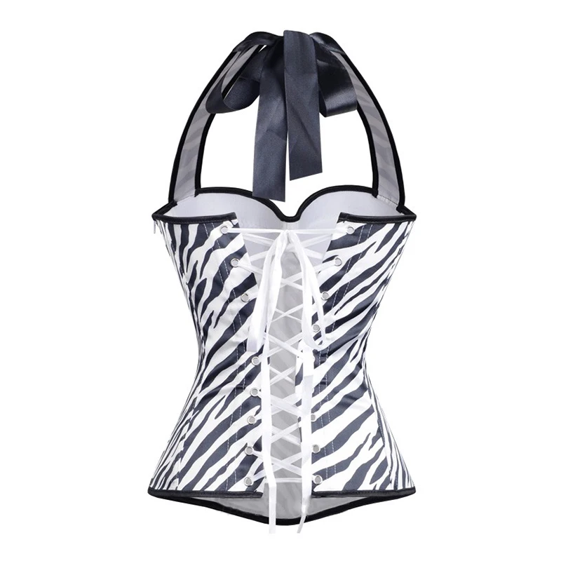 Black White Zebra-Stripe Halter Neck Zip One Side Overbust Corset Fashion Printed Lace Up Slimming Hot Shapers Roupas Femininas W497376 9.65 S-2XL (2)