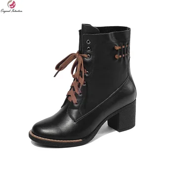 

Original Intention Stylish Women Ankle Boots Real Leather Chunky Heels Fashion Boots Black Brown Shoes Woman Size 5-9.5