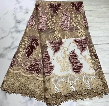 

African french lace fabric with velvet lace fabric guipure lace fabric with stone 5yards nigerian lace fabrics for dress ZQ-A120