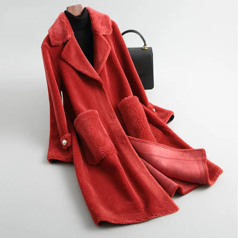 Новинка, модное элегантное тонкое пальто с натуральным мехом, Женская Повседневная Толстая теплая Длинная шерстяная куртка, пальто для женщин A068 - Цвет: Красный