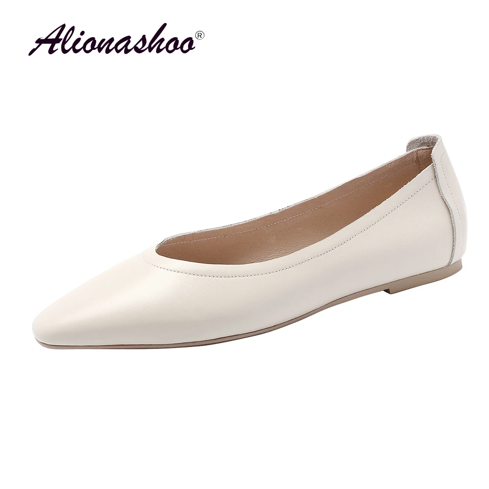 

Large Size 43 Women Genuine Leather Flat Shoes 2019 New Spring pointed Toe Casual Loafers Shoes For Ladies women Dress Shoes