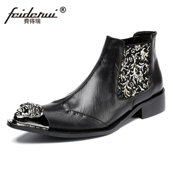 

Plus Size Black Pointed Toe High-Top Man Handmade Riding Shoes Vintage Genuine Leather Men's Studded Chelsea Ankle Boots SL120