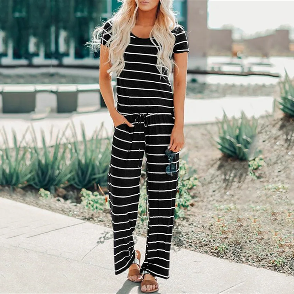 

Fashion Jumpsuits for Women 2019 Striped O-neck Lace-up Pocket Short Sleeve Summer Rompers Womens Jumpsuit Casual Harajuku N410