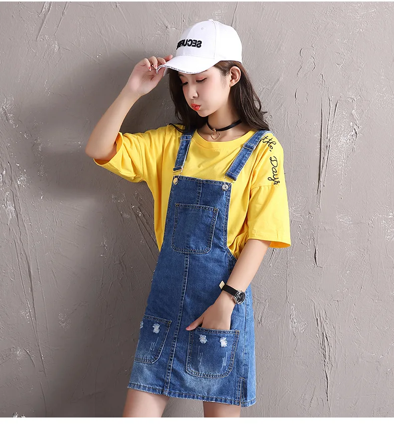 

Women girl casual hole jean denim overalls plus size