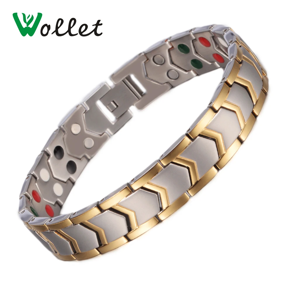 Wollet Jewelry Fashion Stainless Steel Health Energy Double  5 in 1 Magnetic Bracelet for Men Anti-fatigue Gift