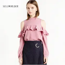 2017 sellworlder Весна Для женщин Сладкий сплошной шифон Мода Блузки для малышек и Рубашки для мальчиков