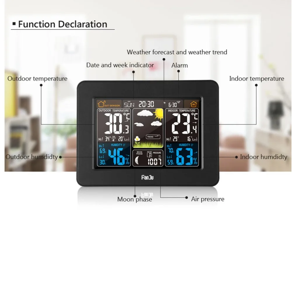 Беспроводная метеостанция, цветной прогноз с оповещением, температура, влажность, барометр, сигнализация, фаза Луны