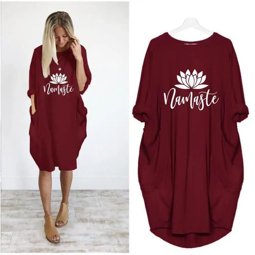 

Pocket NAMASTE Letters Print Dress Cotton large size Dress Women Dresses Clothing Summer Beach Cheap Clothes China Lolita