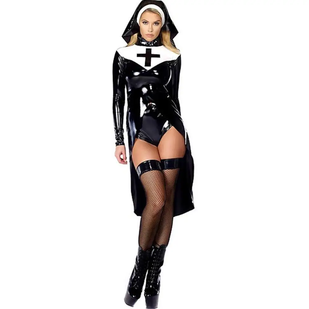 Женский костюм соблазнительницы Saintlike сексуальный костюм монахини искусственная кожа виниловый костюм на Хэллоуин Wetlook карнавальный костюм нарядное платье