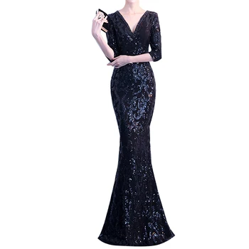 

2018 New Women Dress Elegant Half Sleeve Floor Length Mermaid Long Party Dress Side Slit Sequin Female Beading Fashion Dresses
