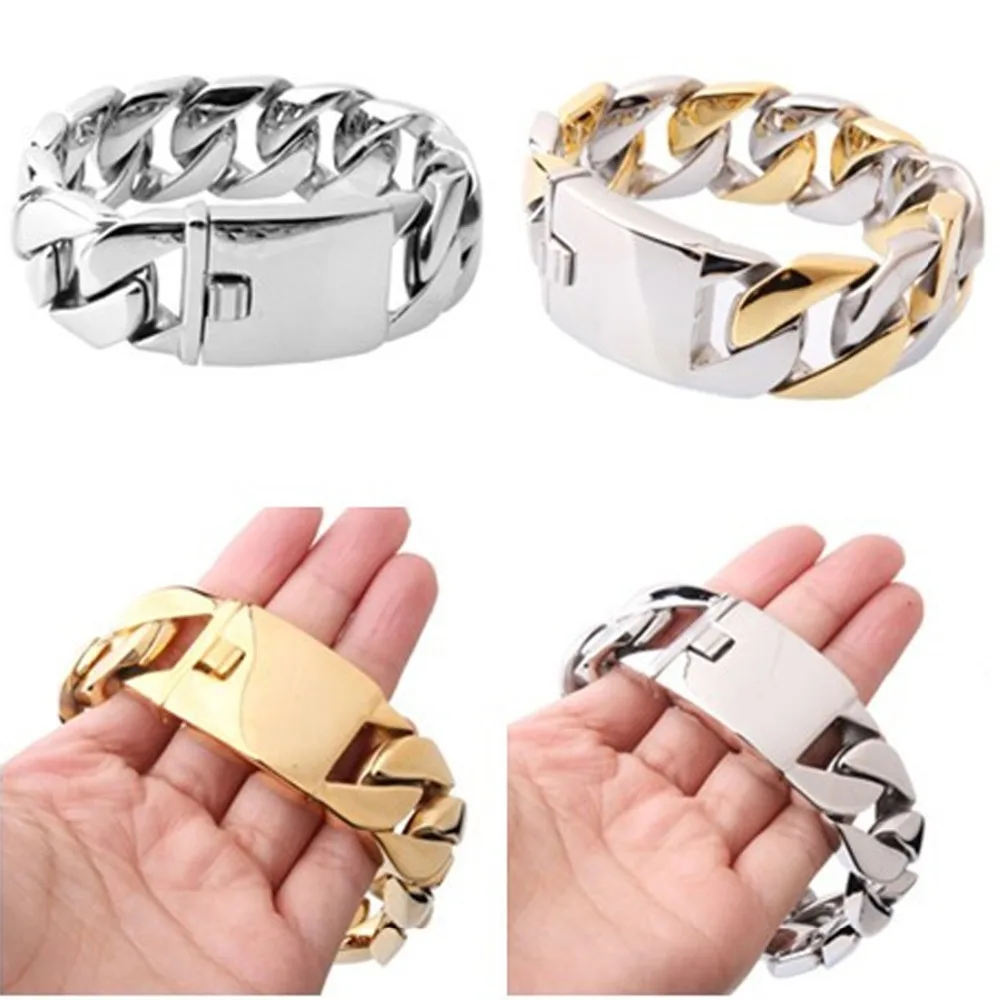 Comprar 26mm de ancho 316L de acero inoxidable Cuba frenar pulsera enorme pesado de plata tono de oro de la cadena de joyería al por mayor para niños pulsera