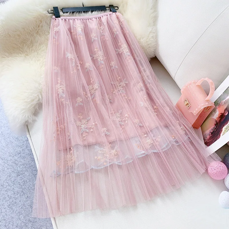 

AcFirst Sping Blue Pink Women Skirts High Waist A-Line Floral Embroidery Mid-Calf Long Skirt Mesh Clothing Plus Size Skirts