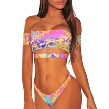Новинка, Женский комплект бикини со змеиным принтом, бюстгальтер с открытыми плечами, цветной пуш-ап, пляжный купальник, пляжная одежда, купальник