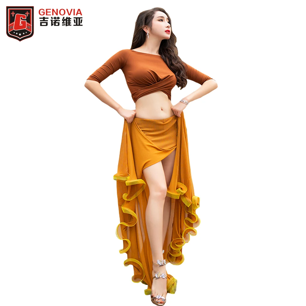 

2019 Hot Sale Women Belly Dance Club Stage Costume 2pcs Set Top&Skirt Latin Rumba Tango Outfits Training Suit