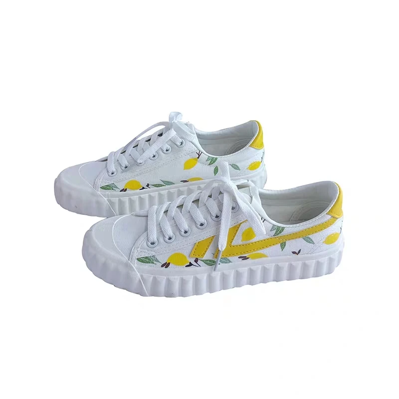 Кроссовки на плоской подошве для школьниц; парусиновая обувь на платформе, раскрашенная вручную лимонами