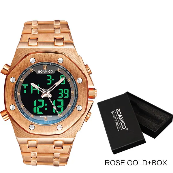 Бренд BOAMIGO, мужские спортивные часы, аналоговые цифровые кварцевые наручные часы, золотые стальные мужские часы в подарок, мужские часы erkek kol saati - Цвет: rose gold with box