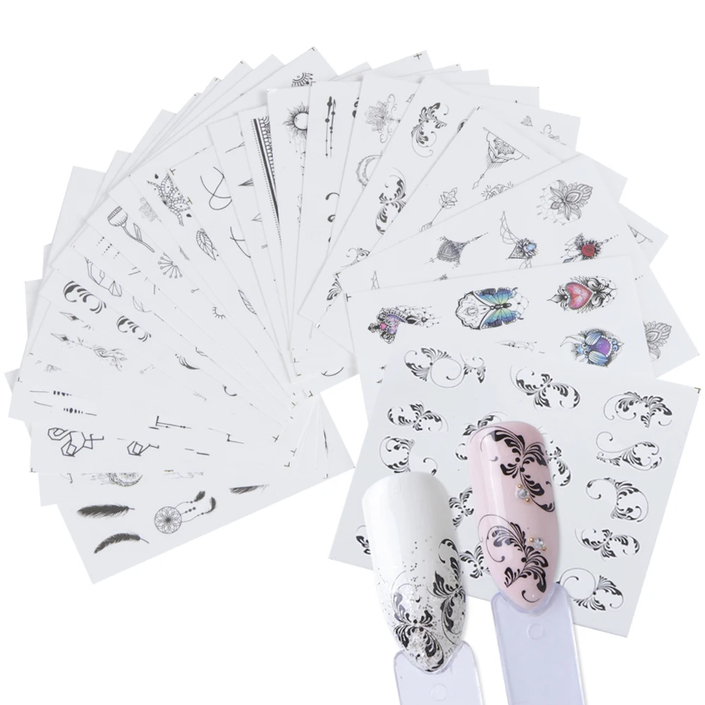 24 шт Смешанные водяные наклейки для ногтей наклейки цветок/ожерелье черный узор лак слайдер для маникюра дизайн ногтей наборы TRSTZ24