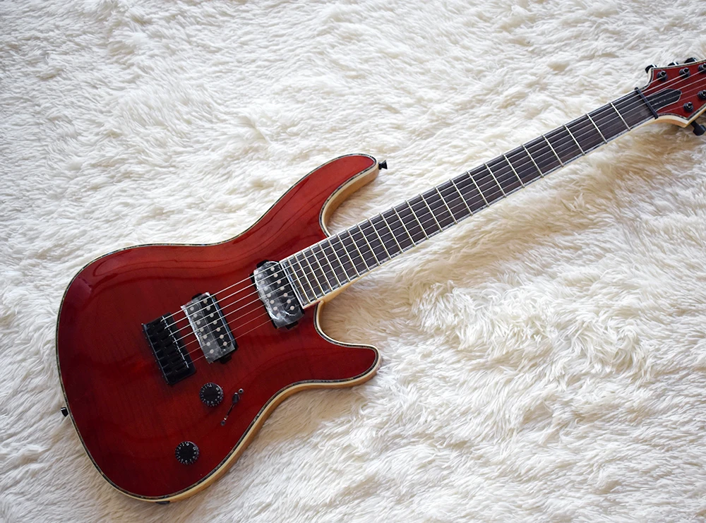 

Factory Custom Matte Red 7 Strings Electric Guitar with Flame Maple Veneer,Neck-Thru Body,Black Hardware,Can be Customized\