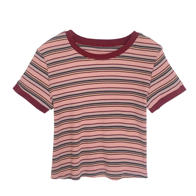 2 цвета, летние топы, в Корейском стиле, в радужную полоску, с коротким рукавом, тонкие футболки, женская футболка, femme(X368