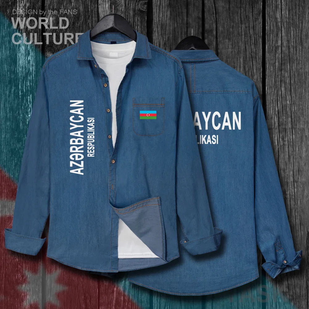 

Azerbaijan Azerbaijani AZE Men fashion clothes Spring Autumn Cotton Turn-down Collar Jeans Shirt Long Sleeve Cowboy Coat Flags