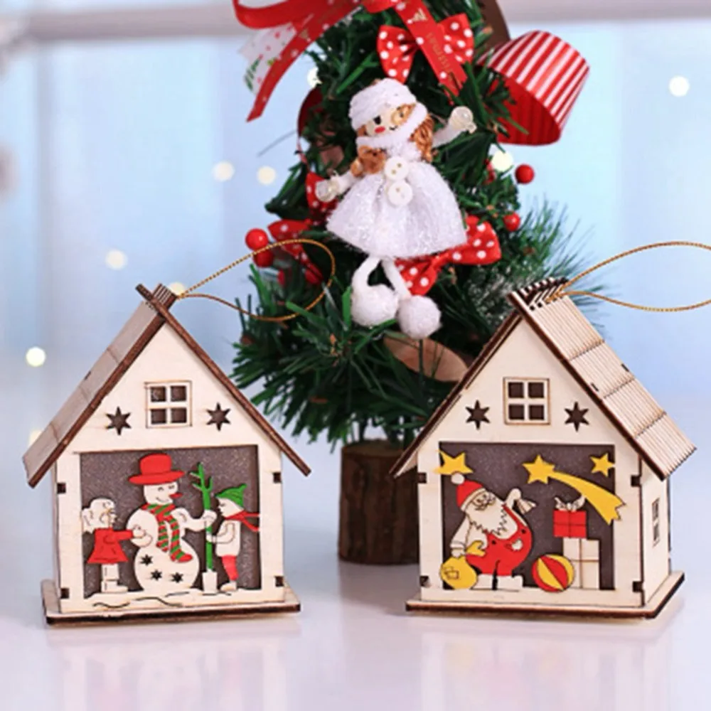 LED Light Wood HOUSE Cute Christmas Tree Hanging Ornaments Holiday Decoration 