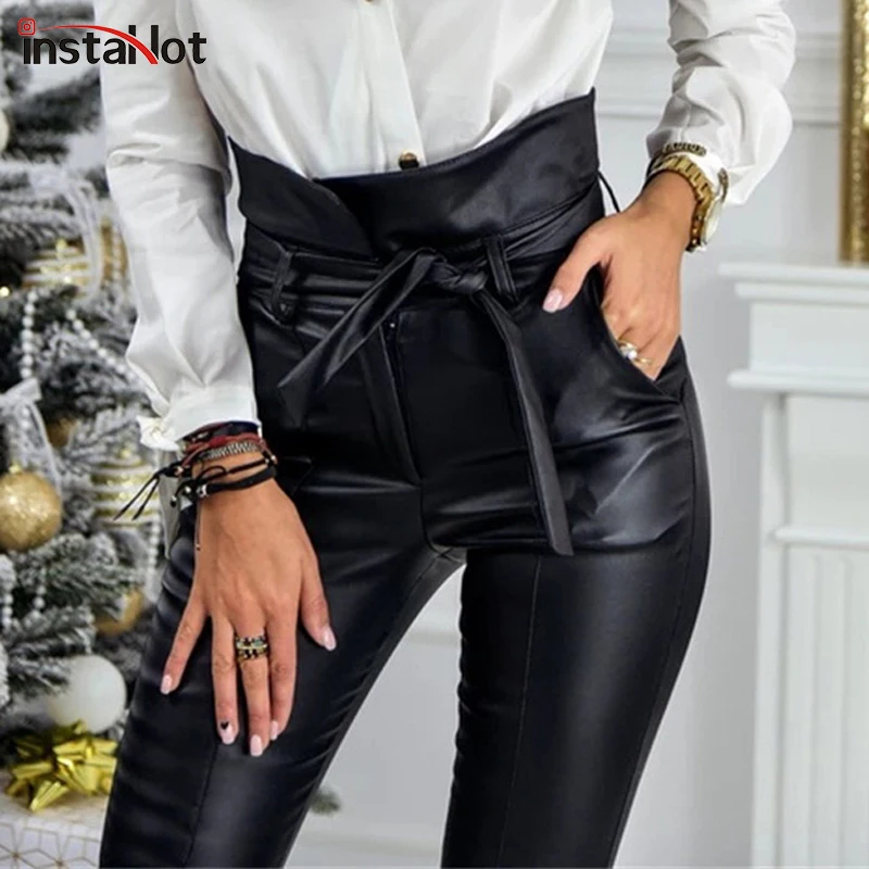 InstaHot золотистый и черный пояс Высокая талия карандаш брюки для женщин искусственная кожа PU пояса длинные мотобрюки повседневное пикантны