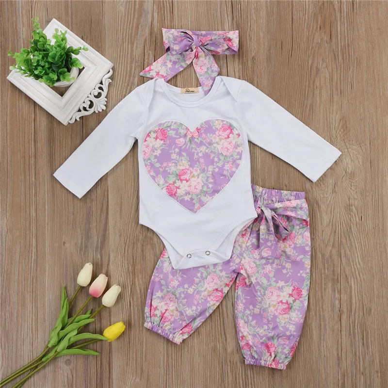 2017 New Autumn Newborn Baby Girl Clothing Set Floral Long Sleeve Heart