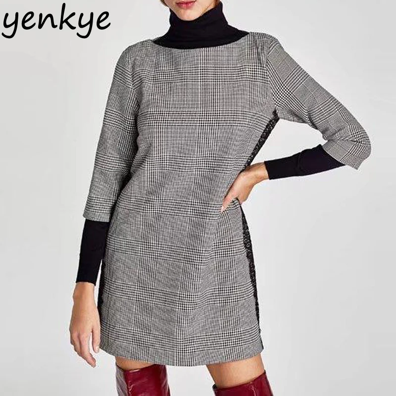 Women Lace Trims Houndstooth Dress O Neck Three Quarter Sleeve Straight