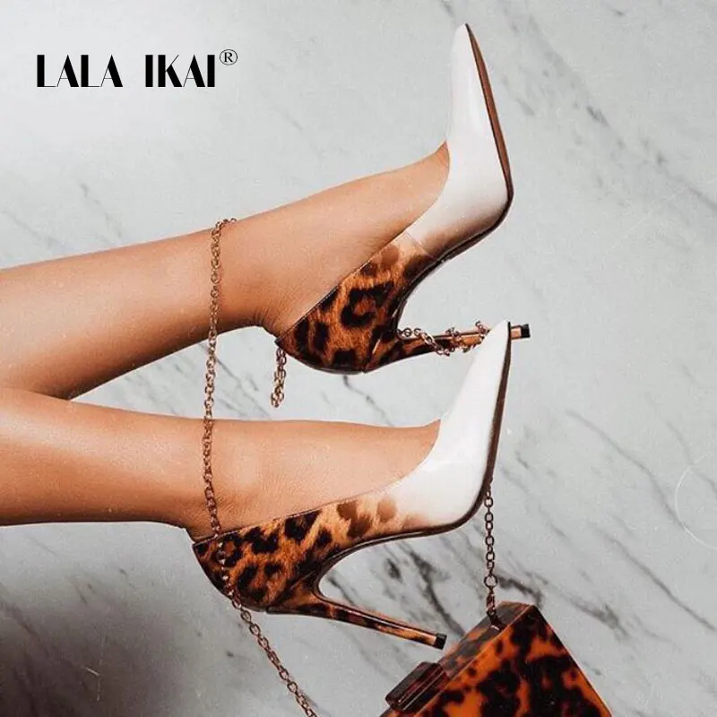 LALA IKAI/женские модные туфли-лодочки из искусственной кожи; пикантная Свадебная обувь на очень высоком каблуке с леопардовым принтом; Zapatos De Mujer; 900C3381-4